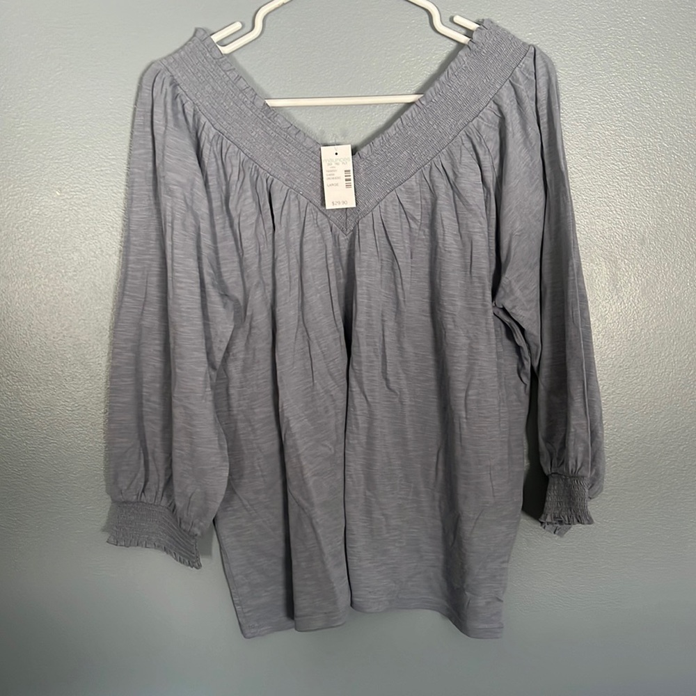 Maurices off the shoulder v neck top! Boho gray blue large new with tags